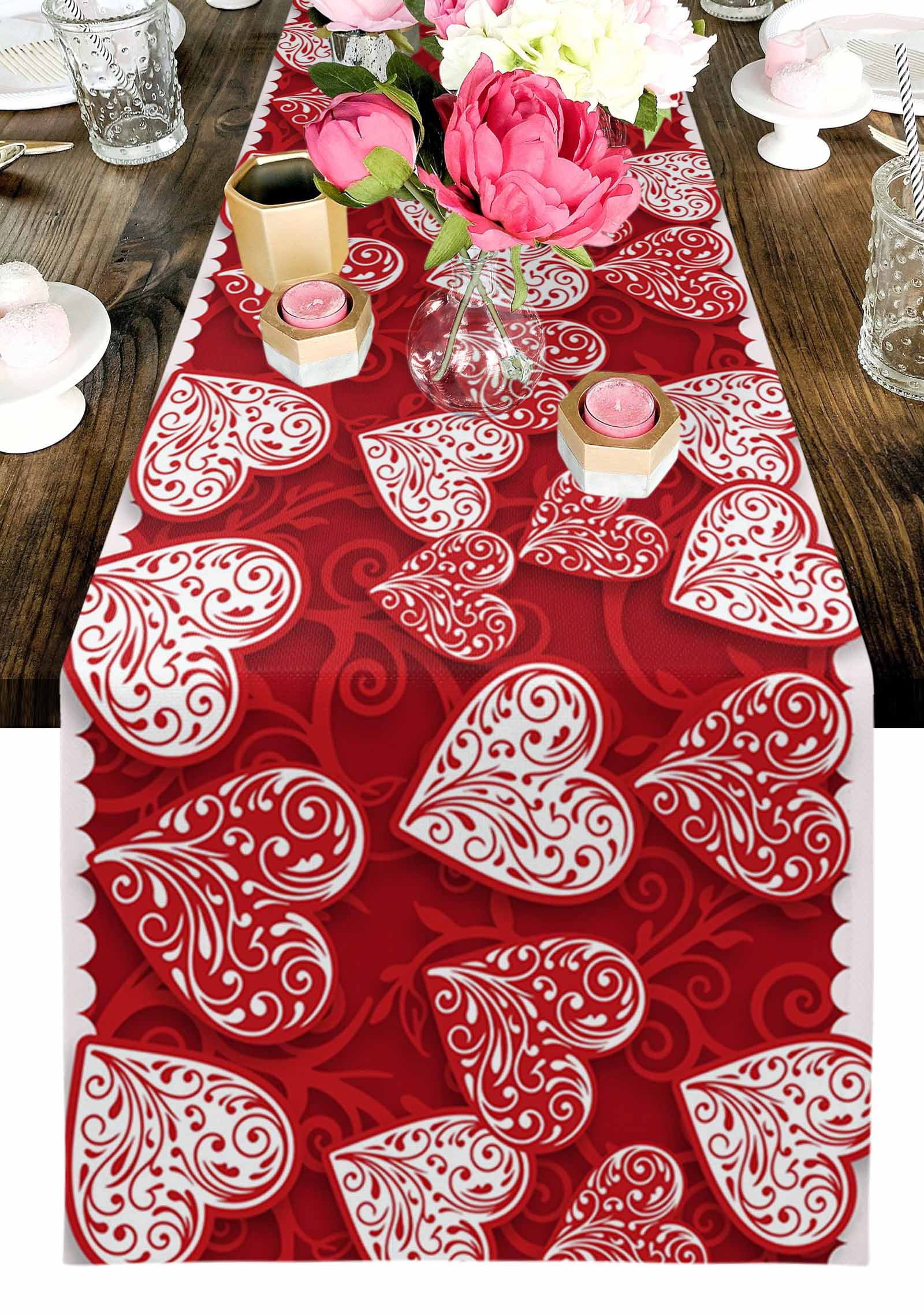 Valentine's Day Table Runner, Abstract Romantic Red White Floral Love Heart Red Washable Cotton-linen Table Runners Dining Kitchen Decoration for Everyday Home Wedding Party Decor, 13 x 120 Inch
