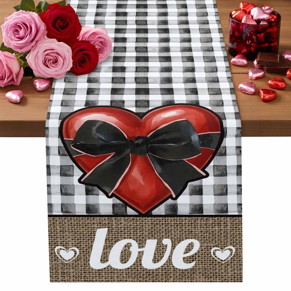 Valentine's Day Table Runner Bow Tie Love Heart Table Runners Black Buffalo Plaid Linen Cotton Linen Dresser Scarf Kitchen Dining Table Decor for Valentines Wedding Party Decor 13x72 Inch