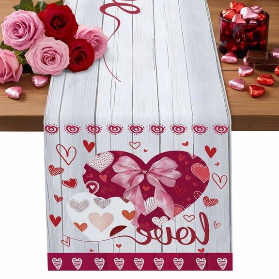 Valentine's Day Table Runner Bow Tie Love Heart Table Runners Romantic Wood Grain Cotton Linen Dresser Scarf Kitchen Dining Table Decor for Valentines Wedding Party Decor 13x72 Inch