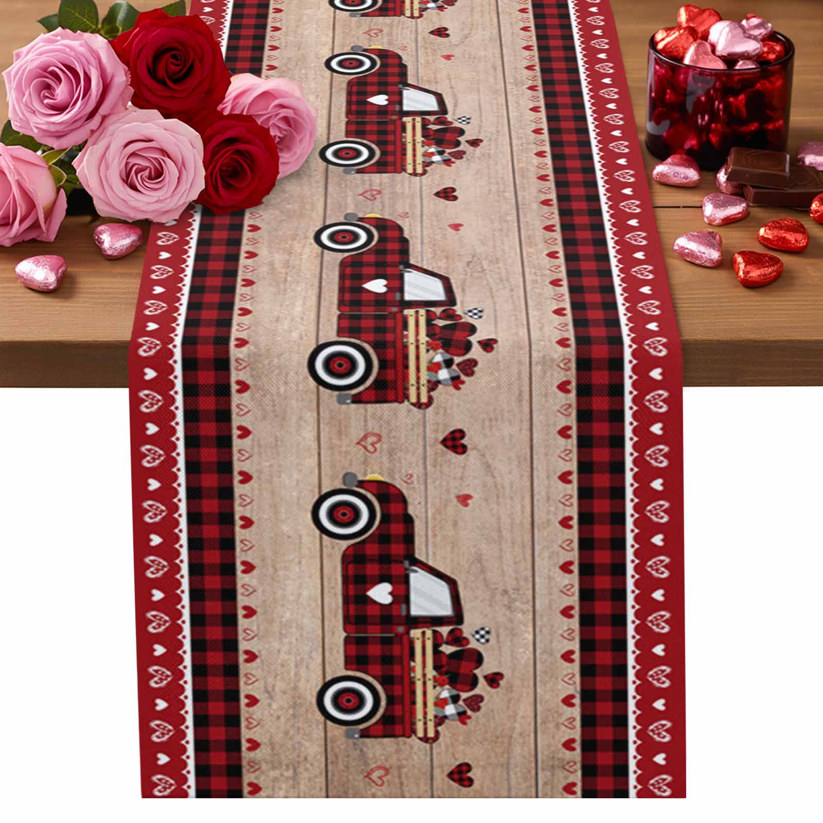 Valentine's Day Table Runner Buffalo Plaid Truck Table Runners Hearts ...