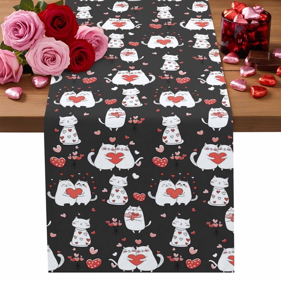 Valentine's Day Table Runner Couple Of Cats Table Runners Black Animal Sweet Love Heart Cotton Linen Dresser Scarf Kitchen Dining Table Decor for Valentines Wedding Party Decor 13x90 Inch
