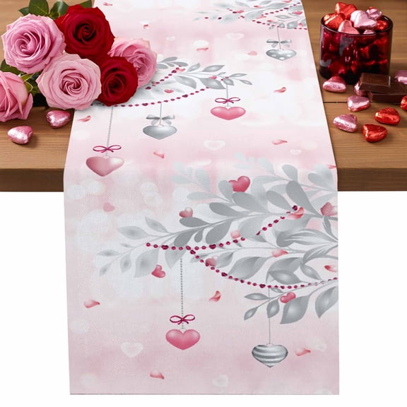Valentine's Day Table Runner Eucalyptus Leaves Heart Table Runners Pink Love Balloon Cotton Linen Dresser Scarf Kitchen Dining Table Decor for Valentines Wedding Party Decor 13x90 Inch