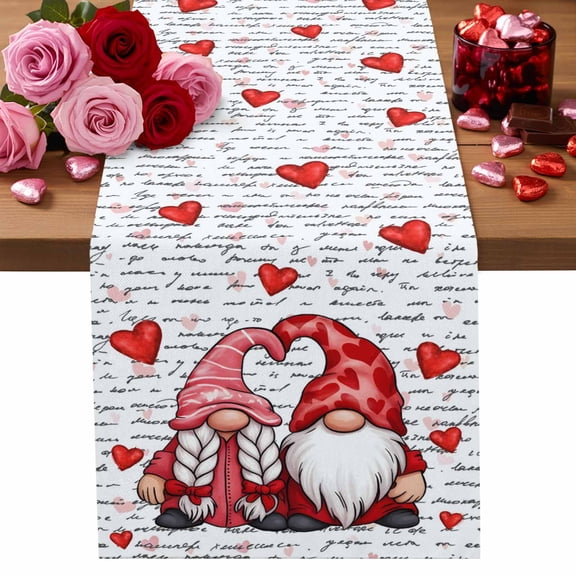Valentine's Day Table Runner Gnome Couple Table Runners Red Love Heart Letter Cotton Linen Dresser Scarf Kitchen Dining Table Decor for Valentines Wedding Party Decor 13x90 Inch