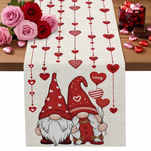 Valentine's Day Table Runner Gnome Couple Table Runners Romantic Love Heart Balloon Linen Cotton Linen Dresser Scarf Kitchen Dining Table Decor for Valentines Wedding Party Decor 13x90 Inch