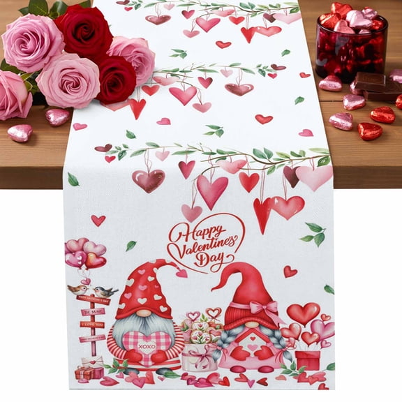 Valentine's Day Table Runner Gnome Lover Table Runners Balloon Love Bird Tree Branch Cotton Linen Dresser Scarf Kitchen Dining Table Decor for Valentines Wedding Party Decor 13x90 Inch