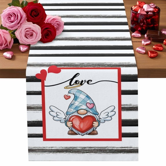 Valentine's Day Table Runner Gnome Wings Table Runners Romantic Love Heart Stripes Cotton Linen Dresser Scarf Kitchen Dining Table Decor for Valentines Wedding Party Decor 13x72 Inch