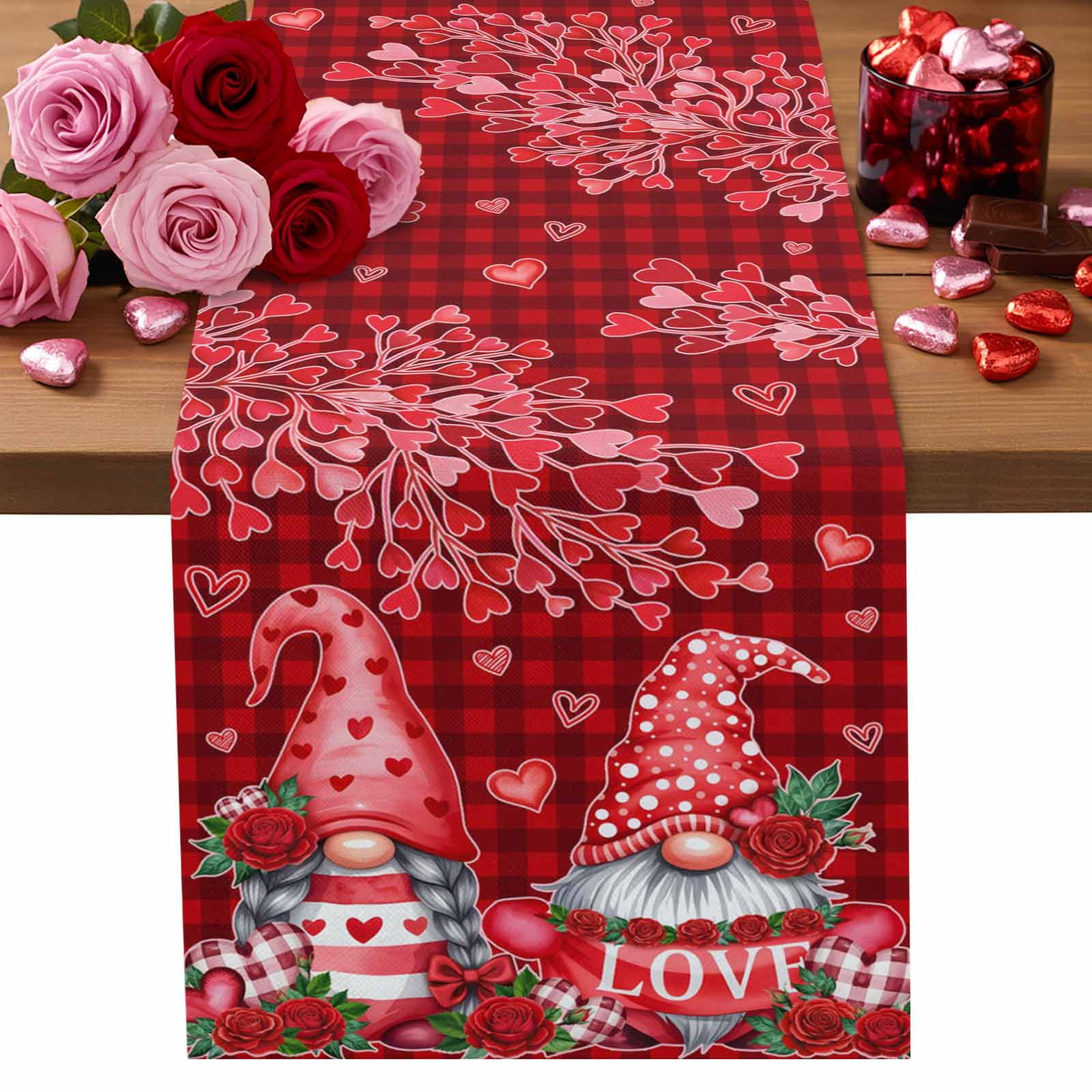 Valentine's Day Table Runner Gnomes Love Heart Table Runners Rose Tree ...