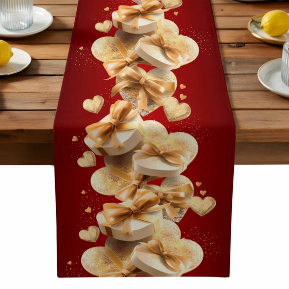 Valentine's Day Table Runner, Gold Gift Love Heart Luxurious Gradient Red Washable Kitchen Table Runners Dress Scarves for Dining Table Decorations Party, 13x36in