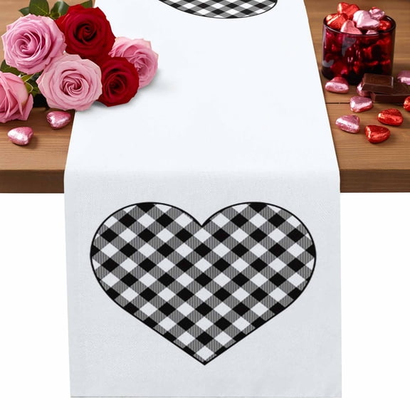 Valentine's Day Table Runner Heart Pattern Design Table Runners Black Buffalo Check Plaid Cotton Linen Dresser Scarf Kitchen Dining Table Decor for Valentines Wedding Party Decor 13x72 Inch