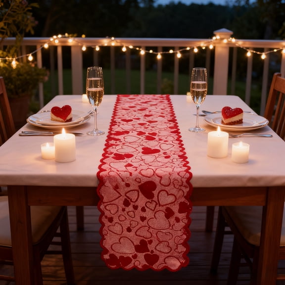 Valentine's Day Table Runner with Heart Pattern, Romantic Dining Decor for Wedding Anniversary Party, Elegant Polyester Pmat for Holiday Table Setting(1 pc Table flag)