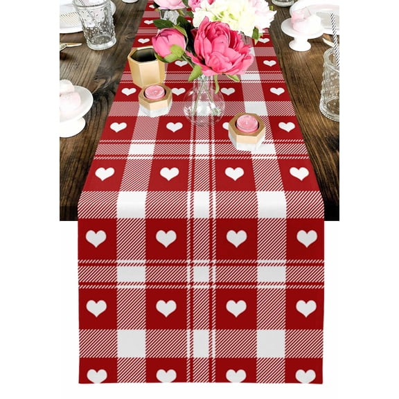 Valentine's Day Table Runner, Heart Retro Red Buffalo Plaid Washable Cotton-linen Table Runners Dining Kitchen Decoration for Everyday Home Wedding Party Decor, 13 x 72 Inch