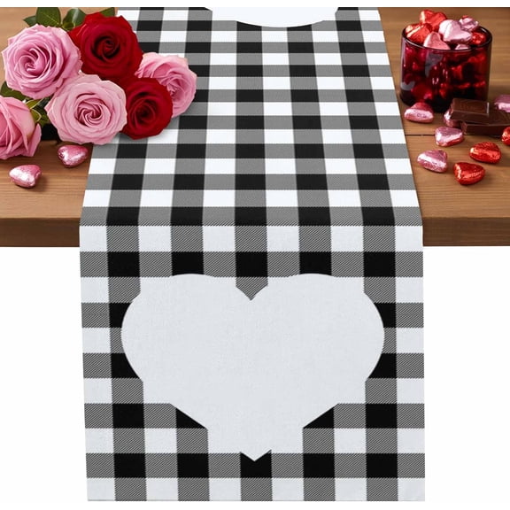 Valentine''s Day Table Runner Heart Shape Design Table Runners Black Buffalo Check Plaid Cotton Linen Kitchen Dining Table Decor for Valentines Wedding Party Anniversary Decor 13x36 Inch