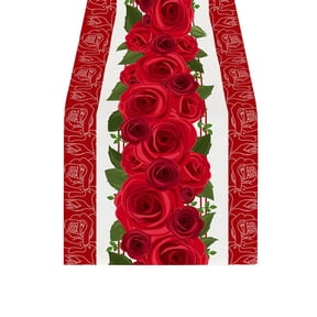 Valentine’s Day Table Runner – Heart-Shaped & Rose Print Linen Tablecloth, Romantic Table Decoration for Dining, Parties, and Restaurants