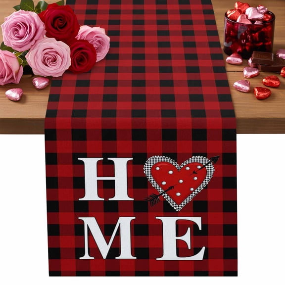 Valentine's Day Table Runner Home Red Heart Table Runners Love Arrow Black Buffalo Plaid Cotton Linen Dresser Scarf Kitchen Dining Table Decor for Valentines Wedding Party Decor 13x72 Inch
