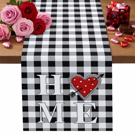 Valentine's Day Table Runner Home Red Love Heart Table Runners Arrow Black Buffalo Plaid Cotton Linen Dresser Scarf Kitchen Dining Table Decor for Valentines Wedding Party Decor 13x72 Inch