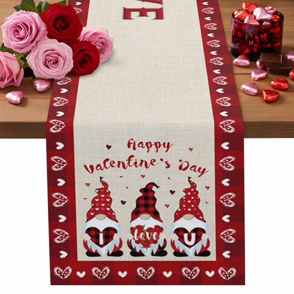 Valentine's Day Table Runner I Love U Gnome Table Runners Hearts Roses Red Buffalo Plaid Cotton Linen Dresser Scarf Kitchen Dining Table Decor for Valentines Wedding Party Decor 13x72 Inch