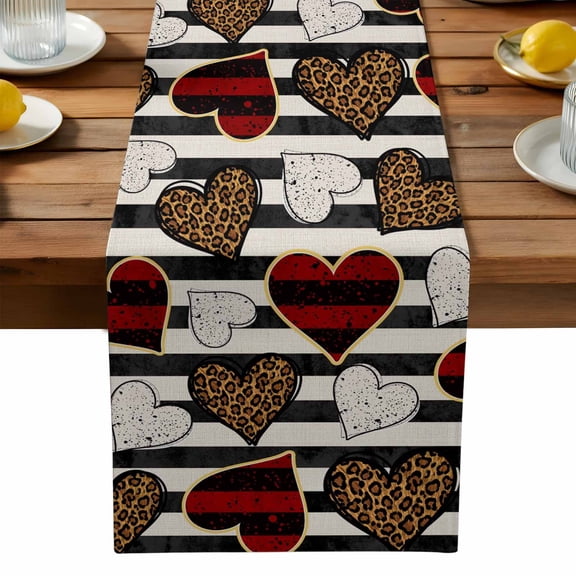 Valentine's Day Table Runner, Leopard Print White Red Love Heart Black Striped Washable Kitchen Table Runners Dress Scarves for Dining Table Decorations Party, 13x36in