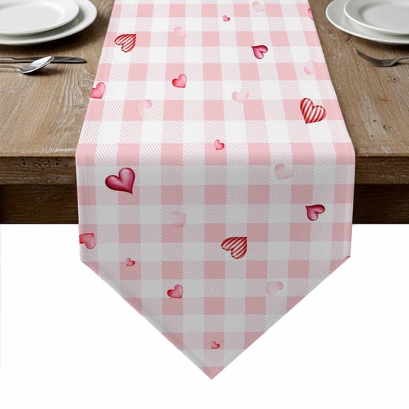 Valentine's Day Table Runner Linen Burlap Table Runner 120 Inches Long Red Love Heart Romantic Pink Buffalo Plaid Dresser Scarves for Kitchen Island Coffee Dining Room Party Holiday Decor 13"x120"