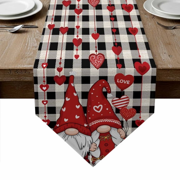 Valentine's Day Table Runner Linen Burlap Table Runner 48 Inches Long Red Gnomes Love Balloon Black White Plaid Dresser Scarves for Kitchen Island Coffee Dining Room Party Holiday Decoration 13"x48"