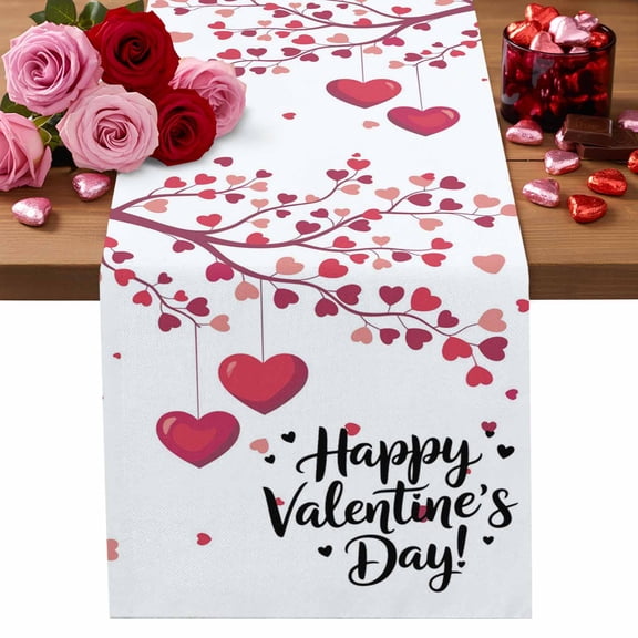 Valentine's Day Table Runner Love Heart Branch Table Runners Happy Valentine's Day Cotton Linen Dresser Scarf Kitchen Dining Table Decor for Valentines Wedding Party Decor 13x72 Inch