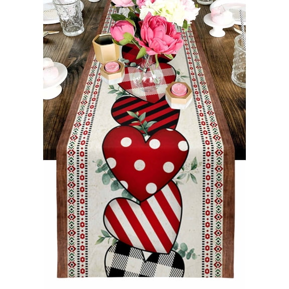 Valentine's Day Table Runner, Love Heart with Eucalyptus Leaves Southwest Style Washable Cotton-linen Table Runners Dining Kitchen Decoration for Everyday Home Wedding Party Decor, 13 x 36 Inch