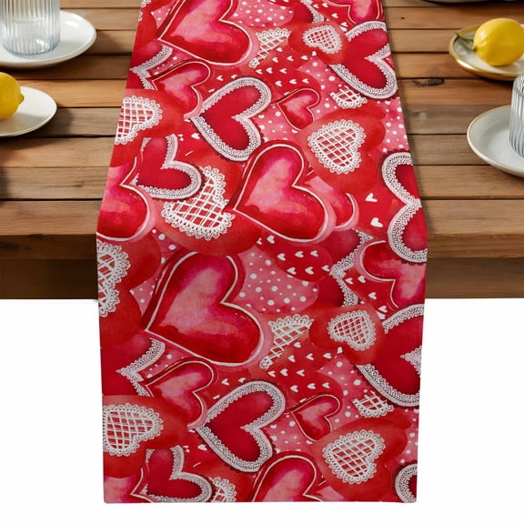 Valentine's Day Table Runner, Love Heart Lace Red Background Romantic Washable Kitchen Table Runners Dress Scarves for Dining Table Decorations Party, 13x120in