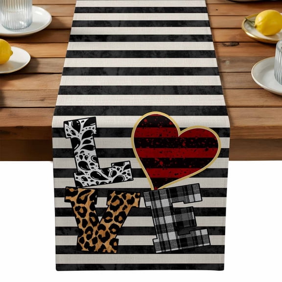 Valentine's Day Table Runner, Love Heart Leopard Print Black Beige Striped Washable Kitchen Table Runners Dress Scarves for Dining Table Decorations Party, 13x120in