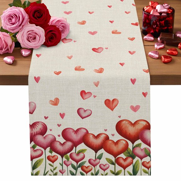 Valentine's Day Table Runner Love Heart Table Runners Flowers Leaves Plants Cotton Linen Dresser Scarf Kitchen Dining Table Decor for Valentines Wedding Party Decor 13x90 Inch
