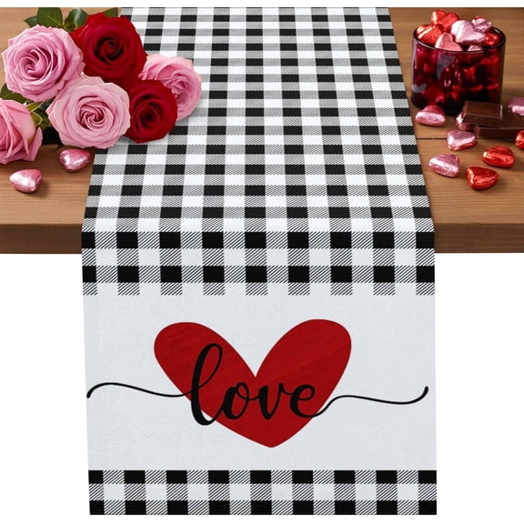 Valentine''s Day Table Runner Love Red Heart Table Runners Black White Buffalo Plaid Cotton Linen Dresser Scarf Kitchen Dining Table Decor for Valentines Wedding Party Anniversary Decor 13.8x108 Inch
