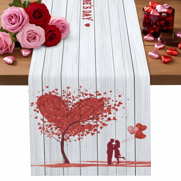 Valentine's Day Table Runner Love Tree Table Runners Heart Balloons Sweet Couple Wood Grain Cotton Linen Dresser Scarf Kitchen Dining Table Decor for Valentines Wedding Party Decor 13x90 Inch