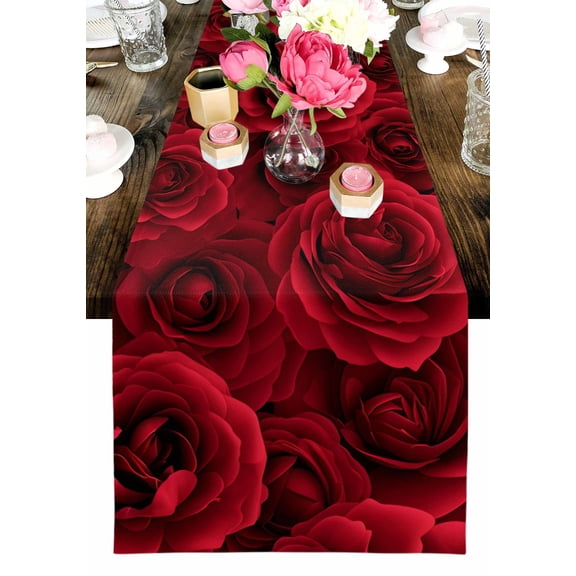 Valentine's Day Table Runner, Modern Romantic Dark Red Roses Petal Floral Plant Washable Cotton-linen Table Runners Dining Kitchen Decoration for Everyday Home Wedding Party Decor, 13 x 72 Inch