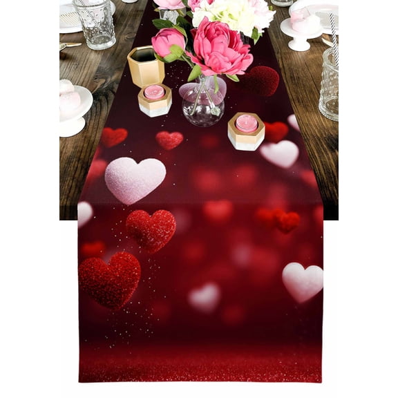 Valentine's Day Table Runner, Modern Romantic Red White Shiny Love Heart Washable Cotton-linen Table Runners Dining Kitchen Decoration for Everyday Home Wedding Party Decor, 13 x 36 Inch