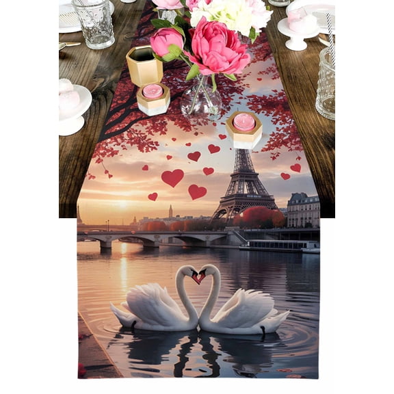 Valentine's Day Table Runner, Modern Swan Couple under Eiffel Tower Red Love Heart Washable Cotton-linen Table Runners Dining Kitchen Decoration for Everyday Home Wedding Party Decor, 13 x 36 Inch