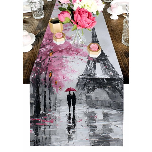 Valentine's Day Table Runner, Oil-Painting Couple under Pink Umbrella Paris Eiffel Tower Tree Washable Cotton-linen Table Runners Dining Kitchen Decoration for Home Wedding Party Decor, 13x36 In