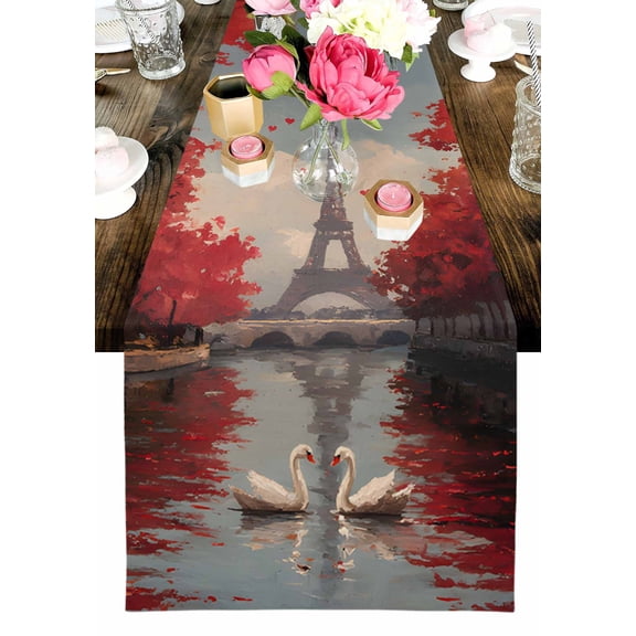 Valentine's Day Table Runner, Oil-Painting Swan Couple on Water Red Tree Eiffel Tower Washable Cotton-linen Table Runners Dining Kitchen Decoration for Everyday Home Wedding Party Decor, 13x108 In