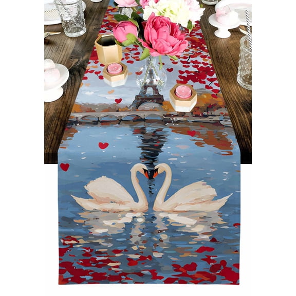 Valentine's Day Table Runner, Oil-Painting Swan Red Love Heart under Tree Eiffel Tower Washable Cotton-linen Table Runners Dining Kitchen Decoration for Everyday Home Wedding Party Decor, 13x108 In
