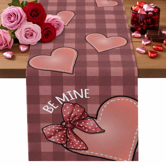 Valentine's Day Table Runner Pink Black Love Heart Table Runners Bow Tie Buffalo Plaid Cotton Linen Dresser Scarf Kitchen Dining Table Decor for Valentines Wedding Party Decor 13x72 Inch
