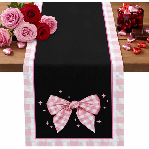 Valentine''s Day Table Runner Pink Bow Knot Table Runners Stars Black Buffalo Plaid Cotton Linen Dresser Scarf Kitchen Dining Table Decor for Valentines Wedding Party Anniversary Decor 13x36 Inch