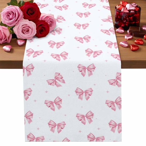 Valentine's Day Table Runner Pink Bow Tie Table Runners Stars Romantic Cotton Linen Dresser Scarf Kitchen Dining Table Decor for Valentines Wedding Party Decor 13x72 Inch