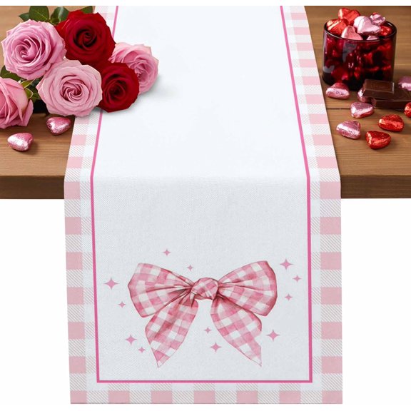 Valentine''s Day Table Runner Pink Bow Tie Table Runners Stars Stripes Buffalo Plaid Cotton Linen Dresser Scarf Kitchen Dining Table Decor for Valentines Wedding Party Anniversary Decor 13x36 Inch