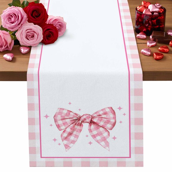 Valentine's Day Table Runner Pink Bow Tie Table Runners Stars Stripes Buffalo Plaid Cotton Linen Dresser Scarf Kitchen Dining Table Decor for Valentines Wedding Party Decor 13x72 Inch