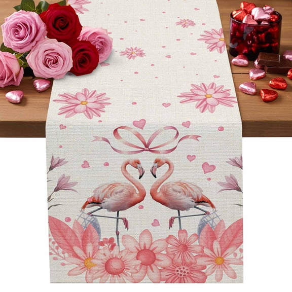 Valentine's Day Table Runner Pink Flamingo Table Runners Love Heart Floral Bow Tie Linen Cotton Linen Dresser Scarf Kitchen Dining Table Decor for Valentines Wedding Party Decor 13x90 Inch