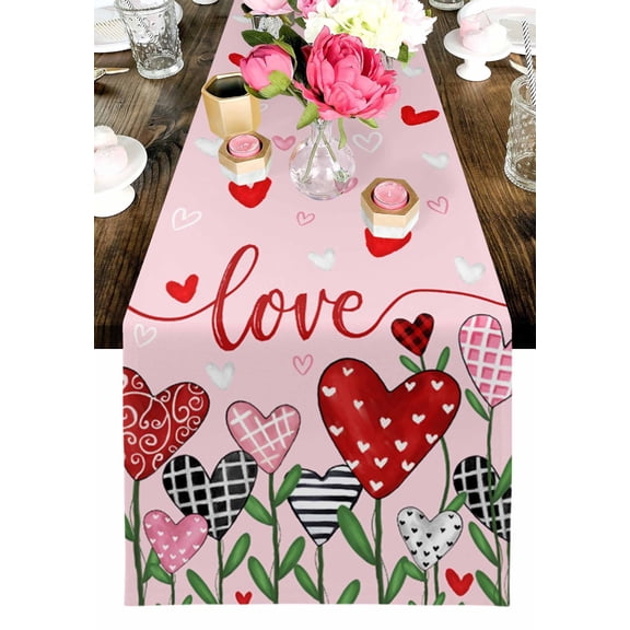 Valentine's Day Table Runner, Pink Love Heart Plaid Flowers Washable Cotton-linen Table Runners Dining Kitchen Decoration for Everyday Home Wedding Party Decor, 13 x 36 Inch