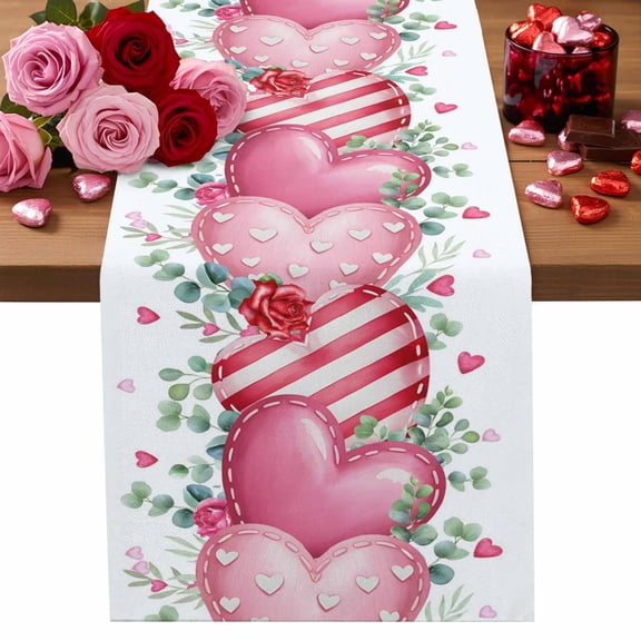 Valentine's Day Table Runner Pink Love Heart Table Runners Rose Eucalyptus Leaves Stripe Cotton Linen Dresser Scarf Kitchen Dining Table Decor for Valentines Wedding Party Decor 13x90 Inch