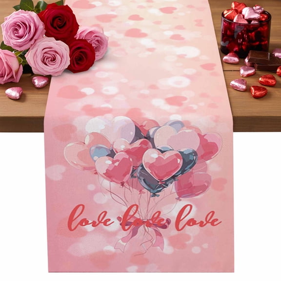 Valentine's Day Table Runner Pink Red Love Heart Table Runners Balloon Bow Tie Cotton Linen Dresser Scarf Kitchen Dining Table Decor for Valentines Wedding Party Decor 13x72 Inch