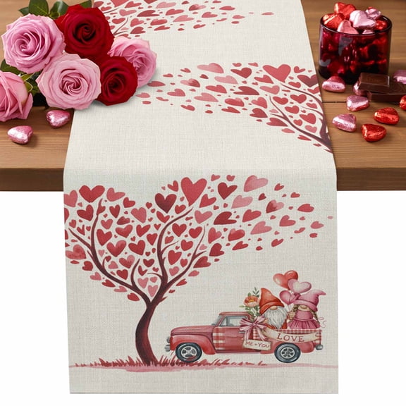 Valentine's Day Table Runner Pink Truck Gnomes Table Runners Love Heart Tree Balloon Cotton Linen Dresser Scarf Kitchen Dining Table Decor for Valentines Wedding Party Decor 13x90 Inch