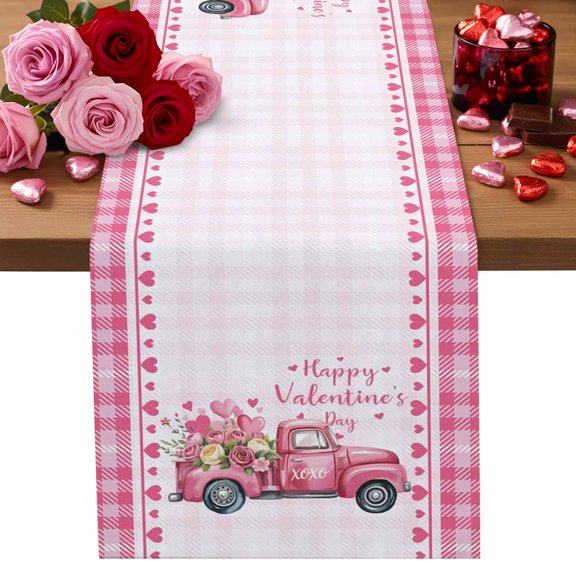 Valentine's Day Table Runner Pink Truck Roses Table Runners Buffalo Plaid Happy Valentine's Day Cotton Linen Dresser Scarf Kitchen Dining Table Decor for Valentines Wedding Party Decor 13x90 Inch