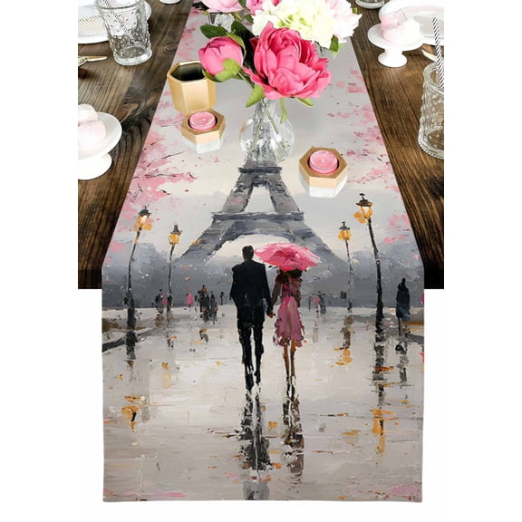 Valentine's Day Table Runner, Rainy Couple under Pink Umbrella Paris Eiffel Tower Pink Trees Washable Cotton-linen Table Runners Dining Kitchen Decoration for Home Wedding Party Decor, 13x36 In