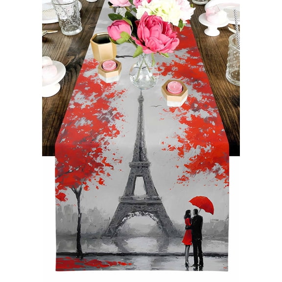 Valentine's Day Table Runner, Rainy Couple under Red Umbrella Paris Eiffel Tower Red Trees Washable Cotton-linen Table Runners Dining Kitchen Decoration for Home Wedding Party Decor, 13x36 In