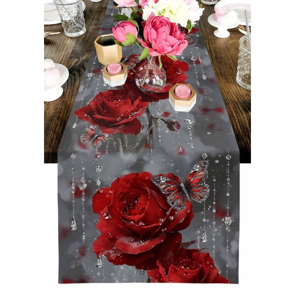 Valentine's Day Table Runner, Rainy Romantic Diamonds Red Roses Floral Butterfly Washable Cotton-linen Table Runners Dining Kitchen Decoration for Everyday Home Wedding Party Decor, 13 x 90 Inch